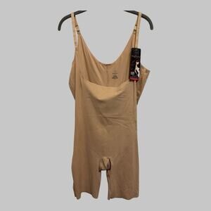 Body Beautiful Thigh Slimmer Open Bust Size 1X Mid Thigh Beige Tan Bodysuit